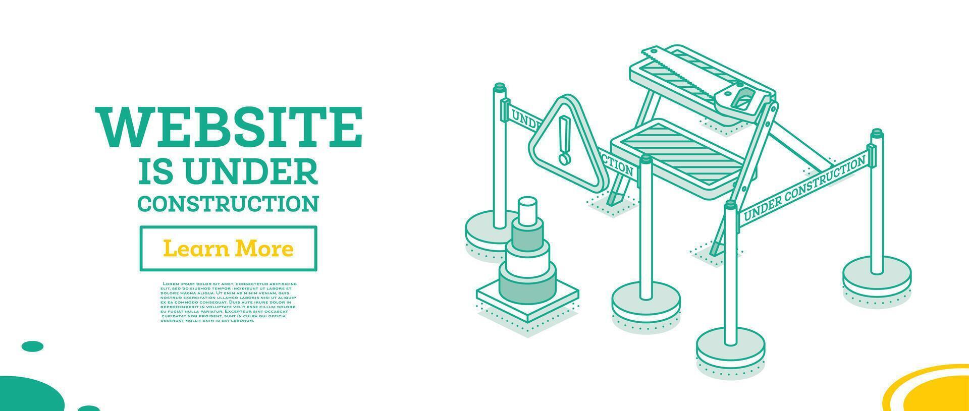 Web page of website under construction. Isometric outline concept. Ladder, traffic cone and portable ribbon barrier. Fencing tape. Template for under maintenance page. vector