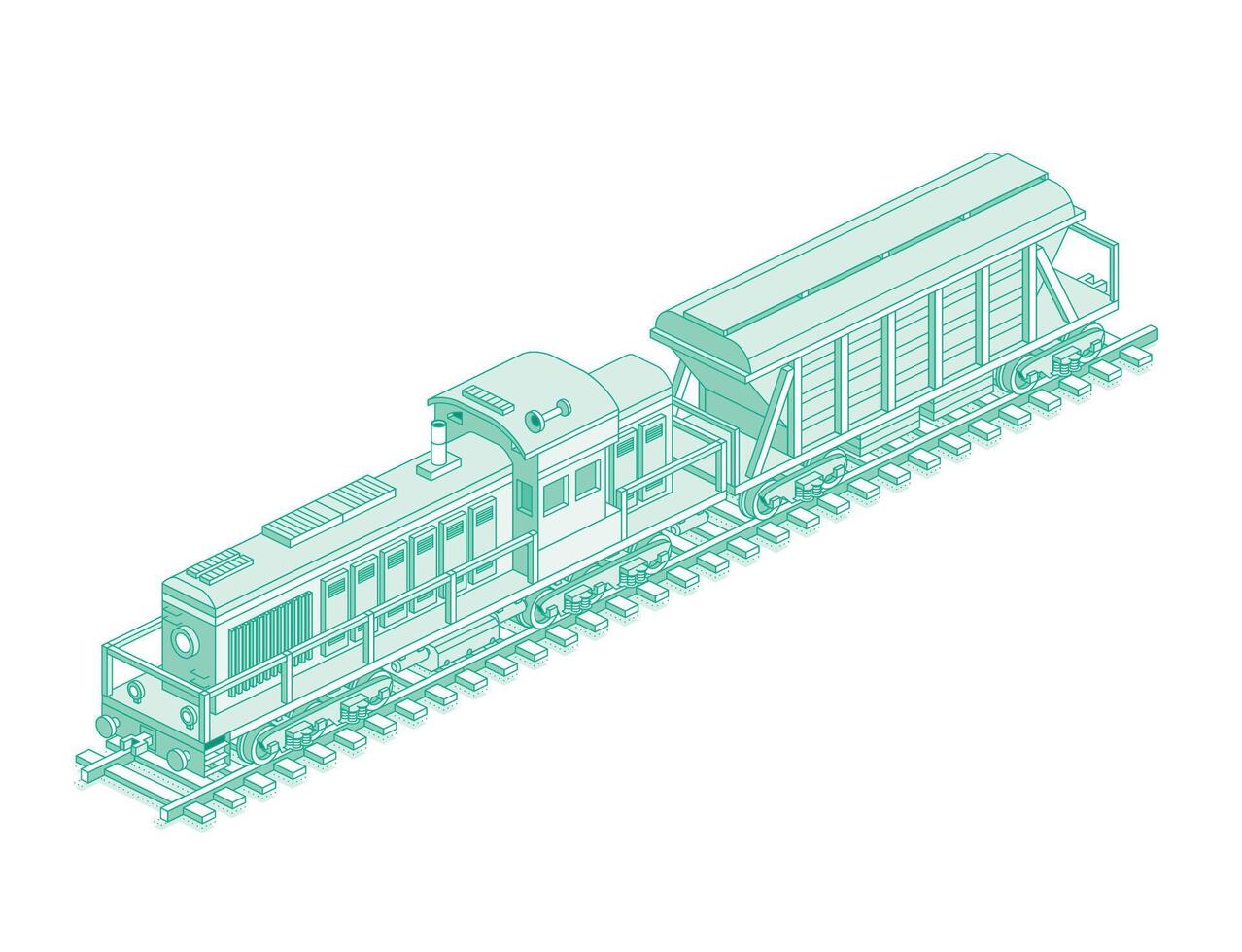 Isometric locomotive with hopper car. Railway. Object isolated on white background. Industrial transportation. Diesel freight train on rails. vector