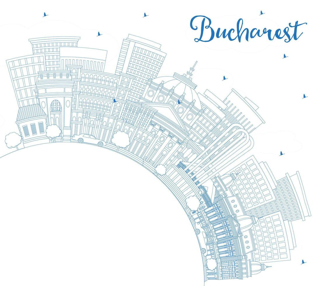 Outline Bucharest Romania City Skyline with Blue Buildings and Copy Space. Bucharest Cityscape with Landmarks. Business Travel and Tourism Concept with Historic Architecture. vector