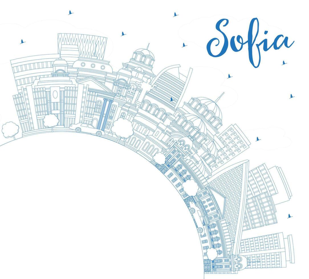 Outline Sofia Bulgaria City Skyline with Blue Buildings and Copy Space. Sofia Cityscape with Landmarks. Business Travel and Tourism Concept with Historic Architecture. vector