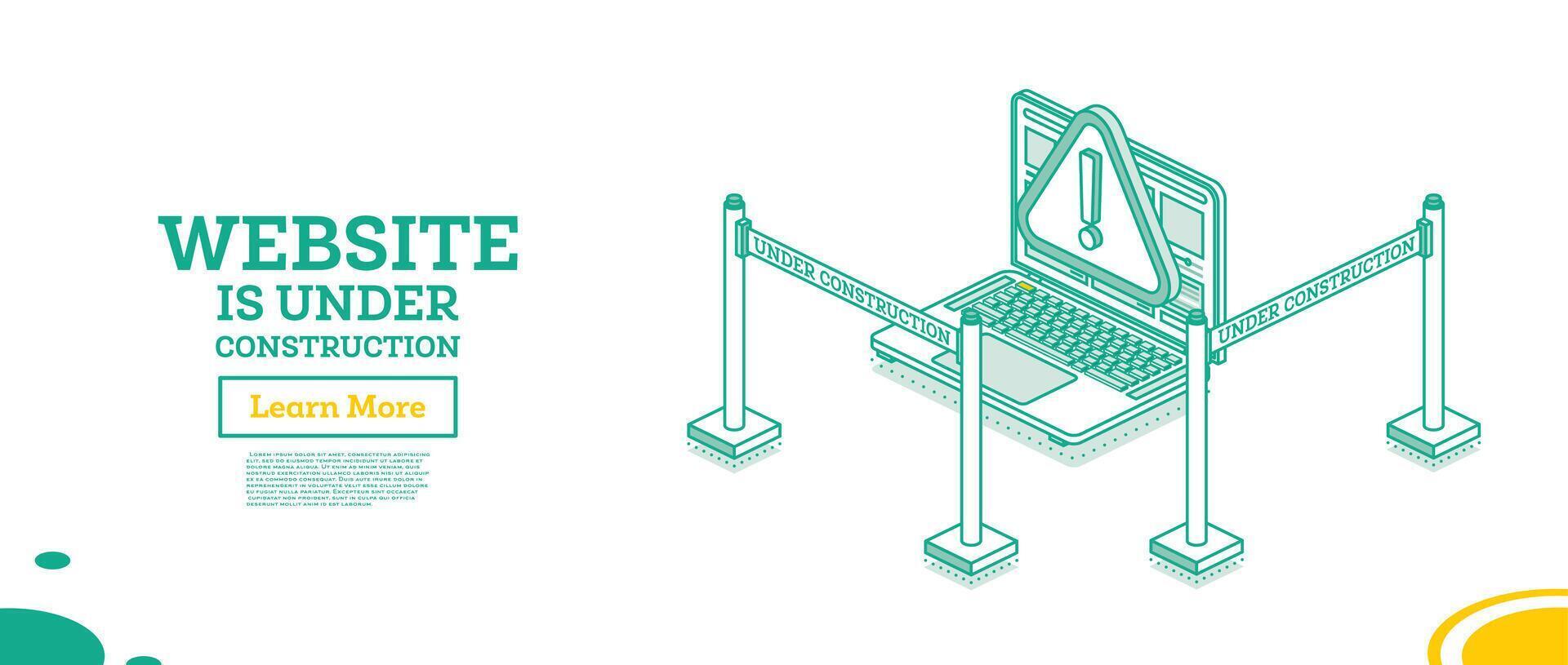 Web page of website under construction. Warning error. Isometric outline concept. Laptop and portable ribbon barrier. Fencing tape. Template for under maintenance page. vector