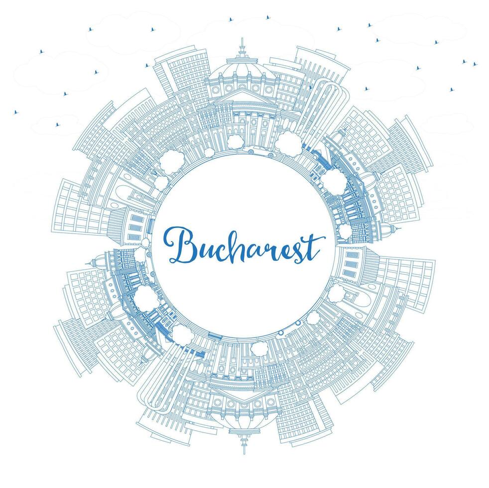 Outline Bucharest Romania City Skyline with Blue Buildings and Copy Space. Bucharest Cityscape with Landmarks. Business Travel and Tourism Concept with Historic Architecture. vector