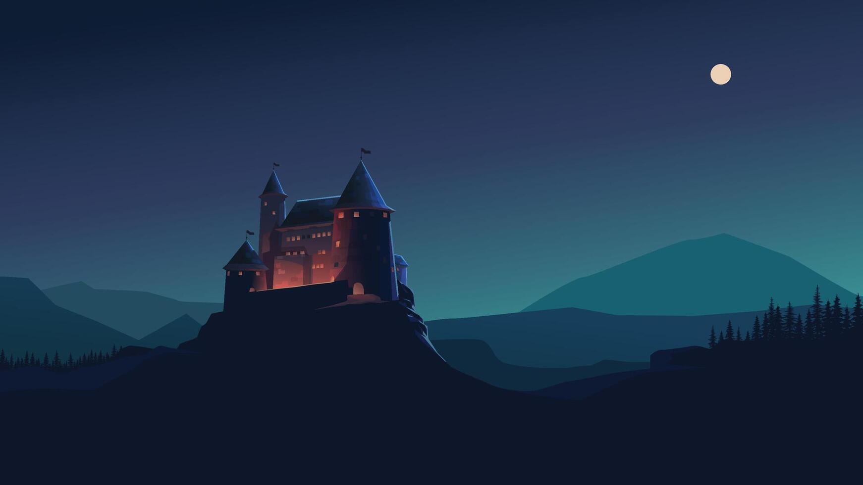 a big castle at night on landscape vector