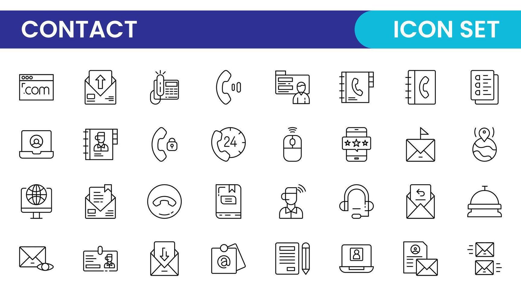 Contact Us linear icon set design. Contact and Communication Line Icons. Set of Social media icons, Facebook, Instagram, Twitter, YouTube, Whatsapp. Set of Icons for social networking. vector