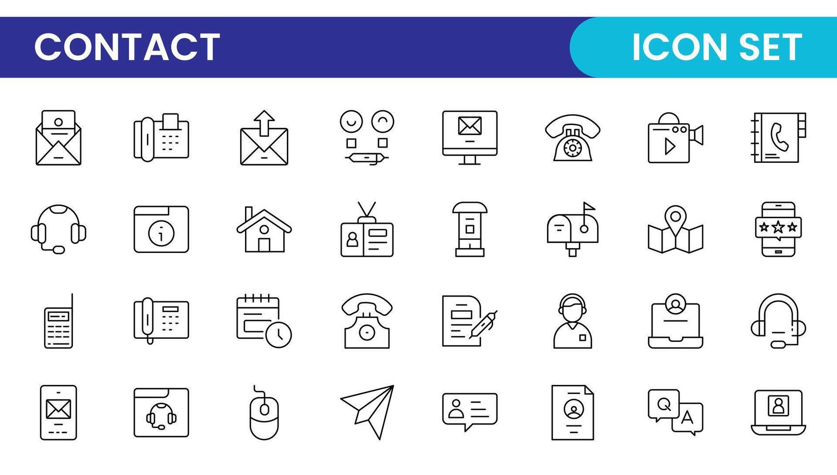 Contact Us linear icon set design. Contact and Communication Line Icons. Set of Social media icons, Facebook, Instagram, Twitter, YouTube, Whatsapp. Set of Icons for social networking. vector