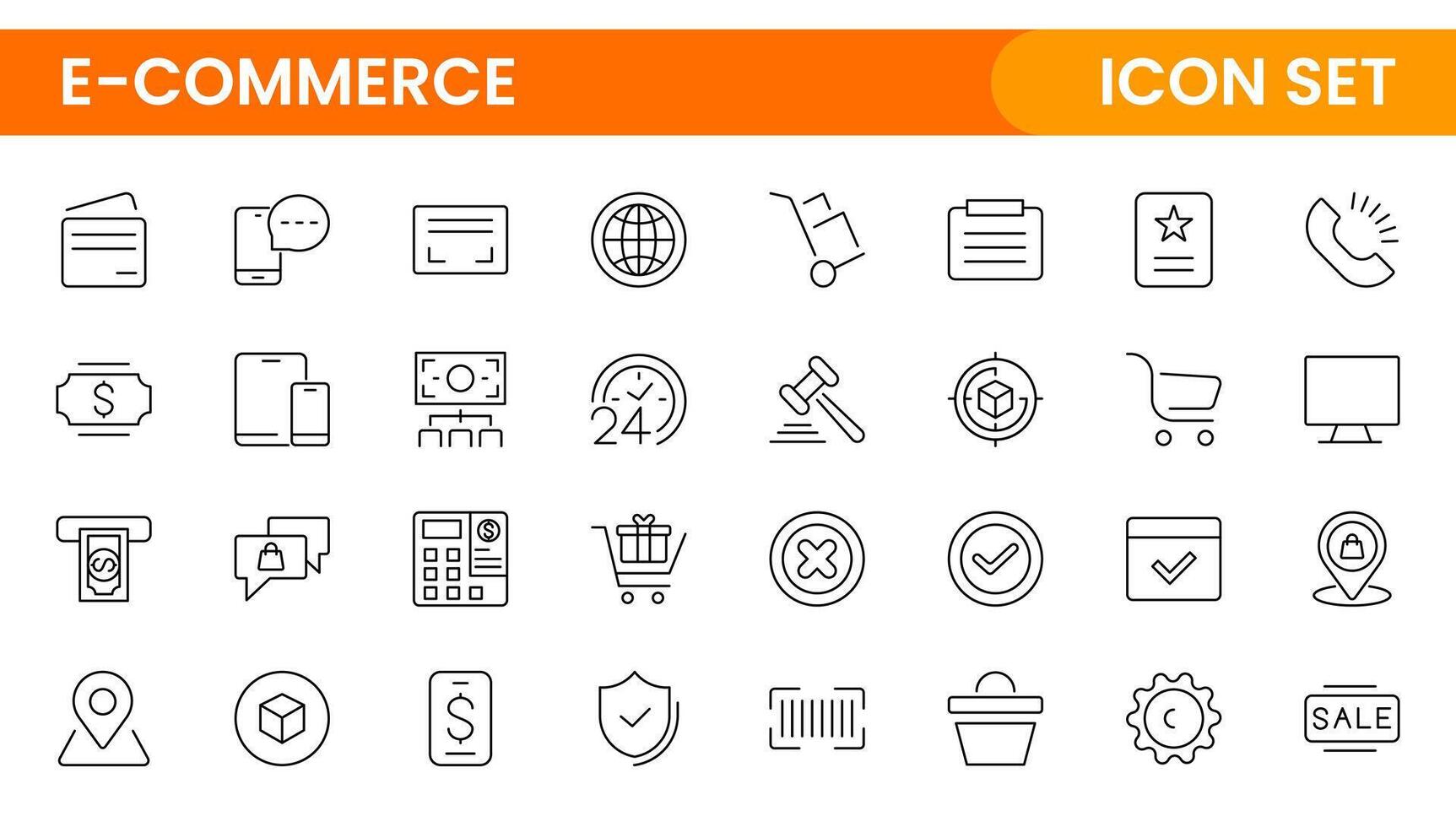 E-Commerce set of web icons in line style. Online shopping icons for web and mobile app. Business, mobile shop, digital marketing, bank card, gifts, sale, delivery. vector
