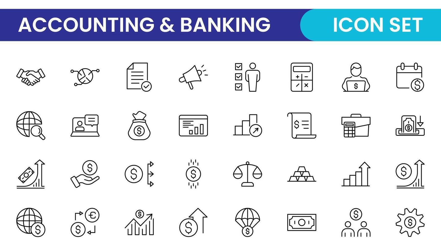 Set of line icons related to accounting, audit, and taxes. Outline icon collection. Business symbols.Income set. Containing money, tax, earnings, payment, paycheck, work, pension, and wages icons. vector