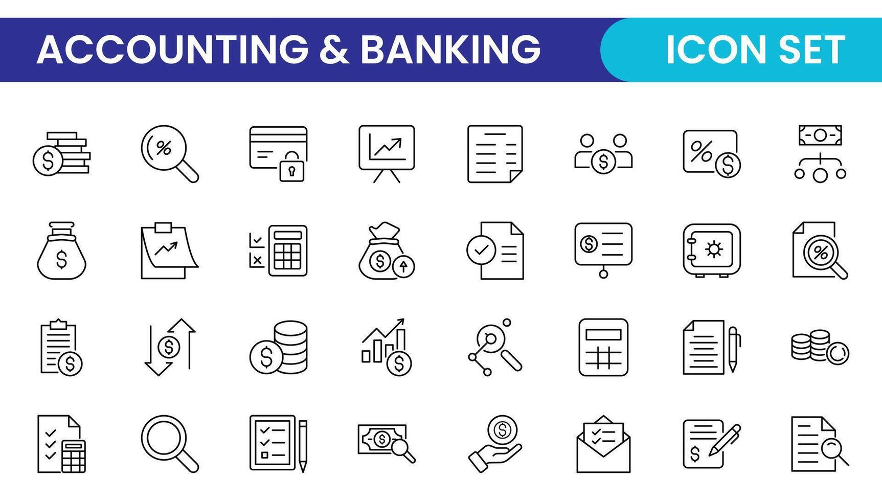 Set of line icons related to accounting, audit, and taxes. Outline icon collection. Business symbols.Income set. Containing money, tax, earnings, payment, paycheck, work, pension, and wages icons. vector