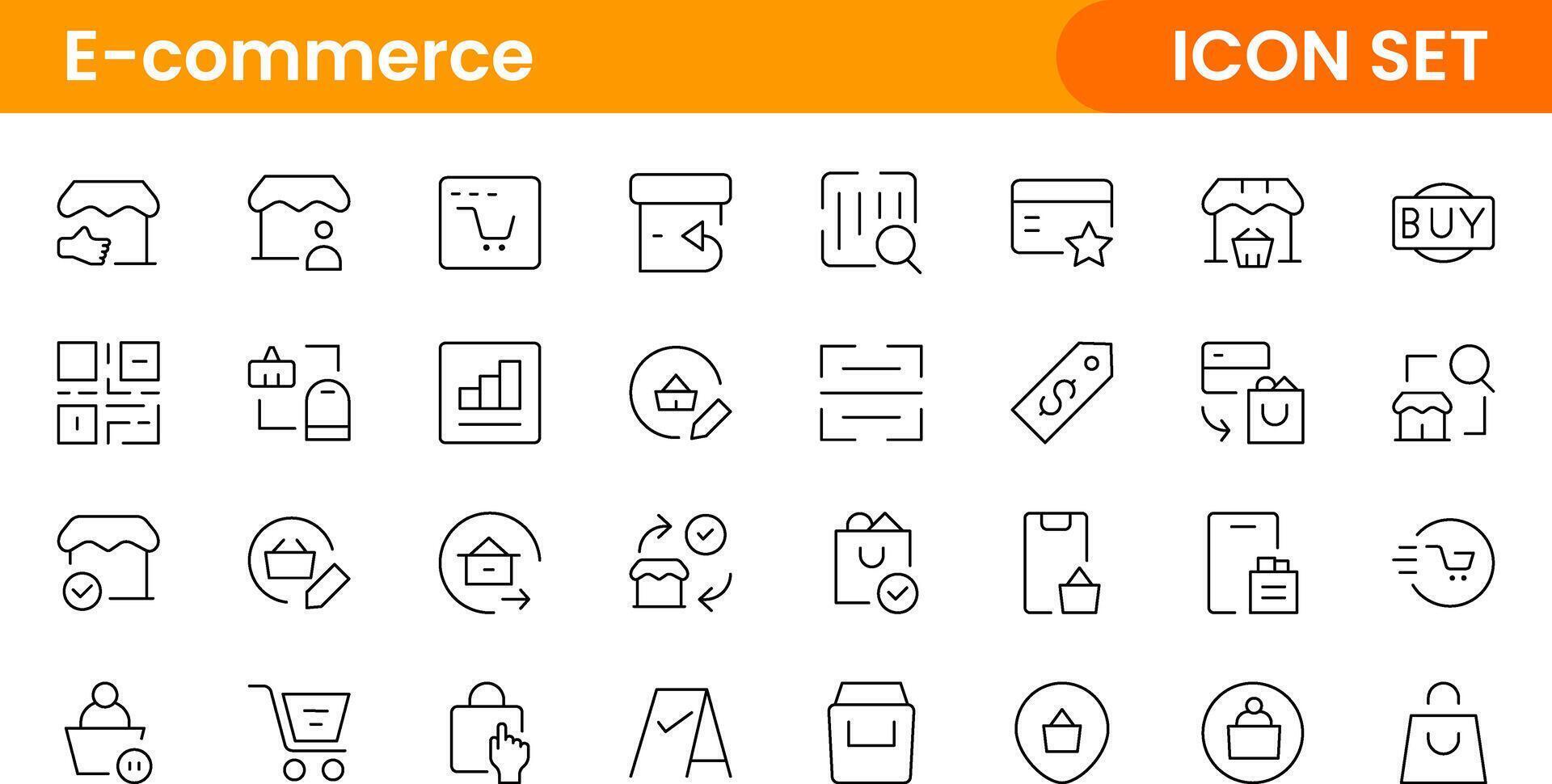 E-Commerce set of web icons in line style. Online shopping icons for web and mobile app. Business, mobile shop, digital marketing, bank card, gifts, sale, delivery. vector