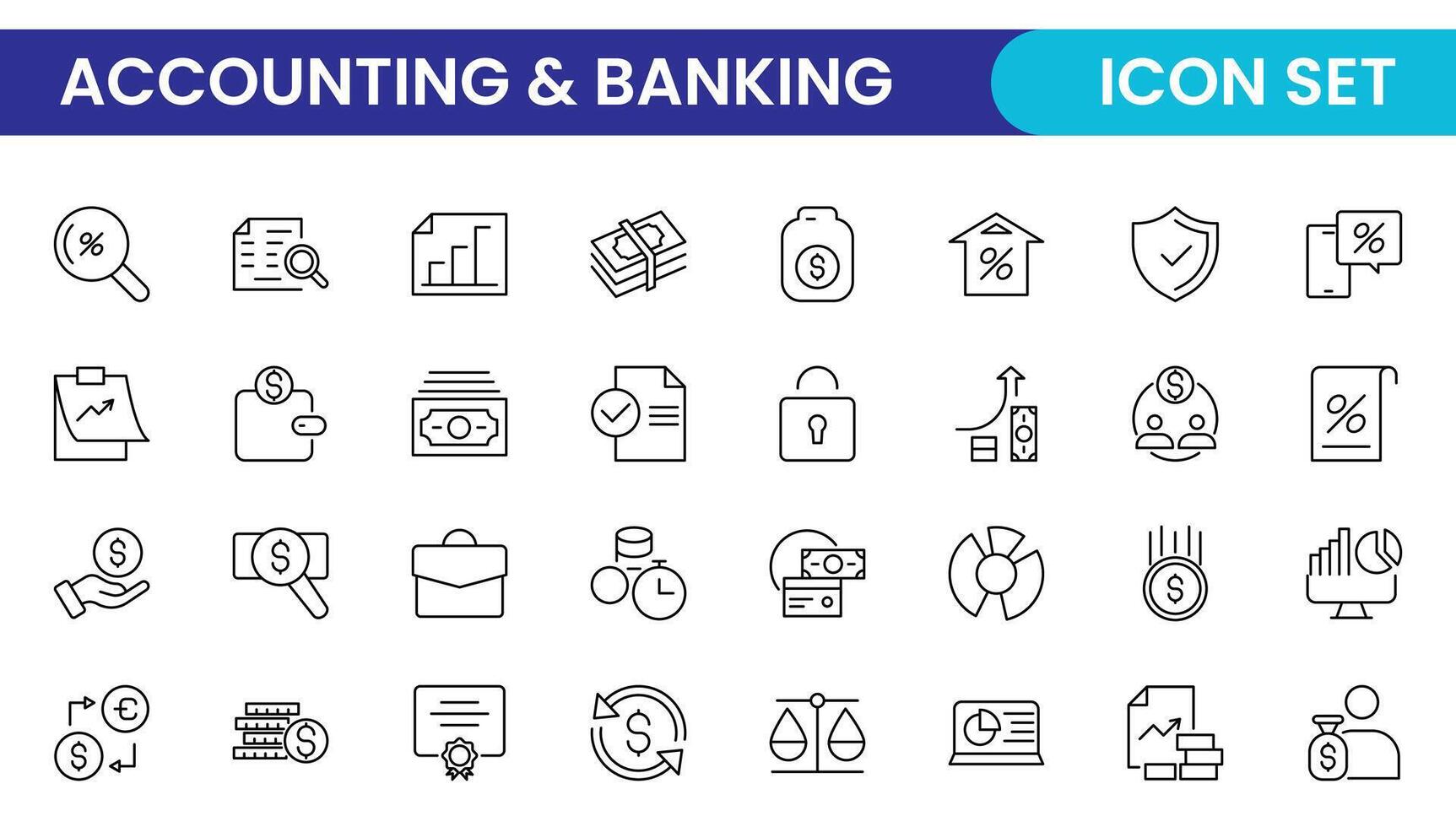 Set of line icons related to accounting, audit, and taxes. Outline icon collection. Business symbols.Income set. Containing money, tax, earnings, payment, paycheck, work, pension, and wages icons. vector