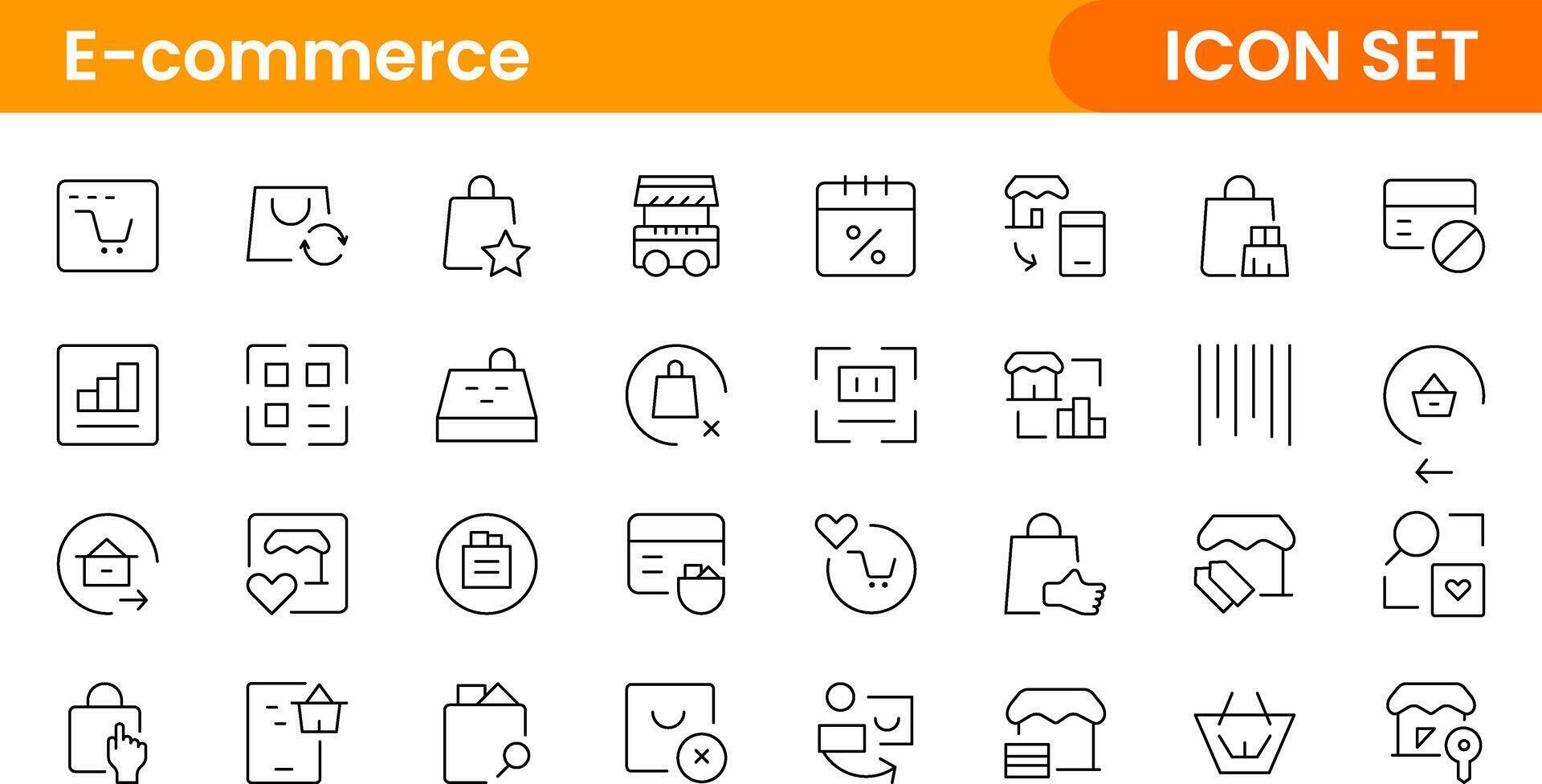 E-Commerce set of web icons in line style. Online shopping icons for web and mobile app. Business, mobile shop, digital marketing, bank card, gifts, sale, delivery. vector