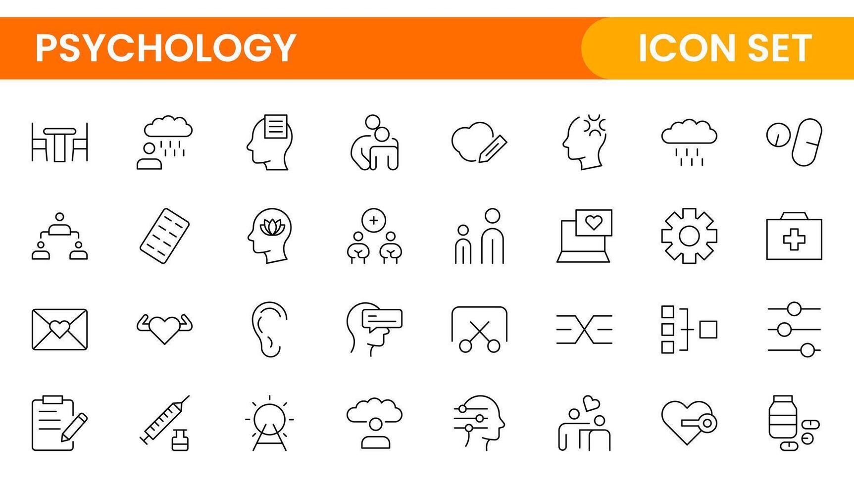 Psychology and mental line icons collection. Big UI icon set in a flat design. Thin outline icons pack. Set of positive thinking icon.be loved, healthy lifestyle, happiness, positive mindset. vector