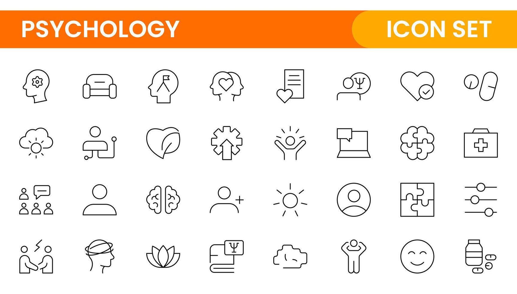 Psychology and mental line icons collection. Big UI icon set in a flat design. Thin outline icons pack. Set of positive thinking icon.be loved, healthy lifestyle, happiness, positive mindset. vector