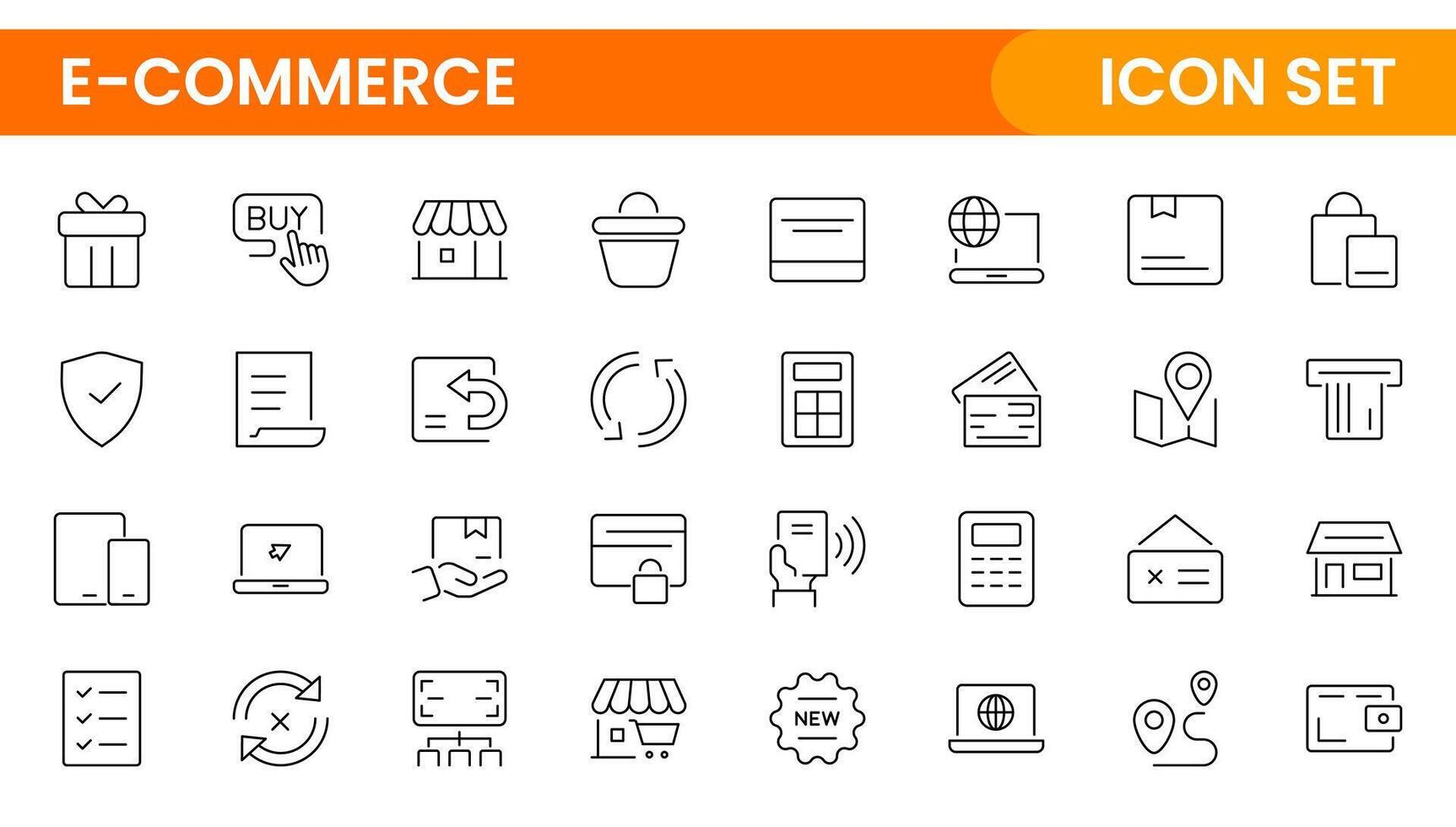 E-Commerce set of web icons in line style. Online shopping icons for web and mobile app. Business, mobile shop, digital marketing, bank card, gifts, sale, delivery. vector