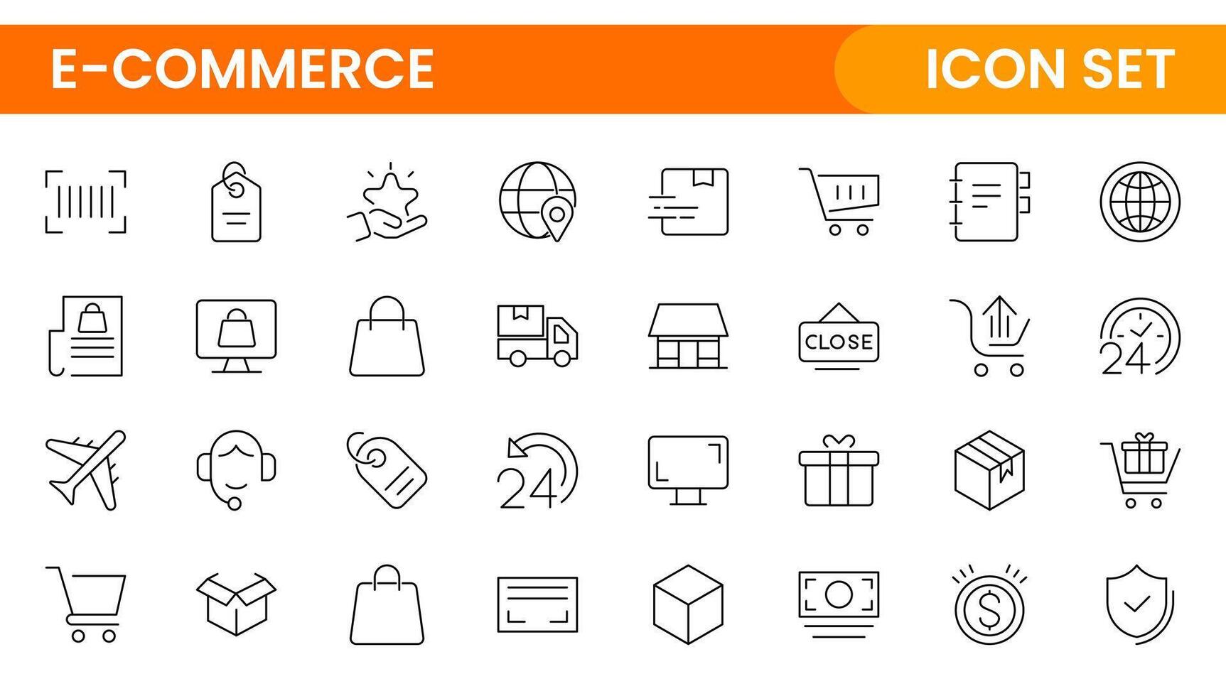 E-Commerce set of web icons in line style. Online shopping icons for web and mobile app. Business, mobile shop, digital marketing, bank card, gifts, sale, delivery. vector