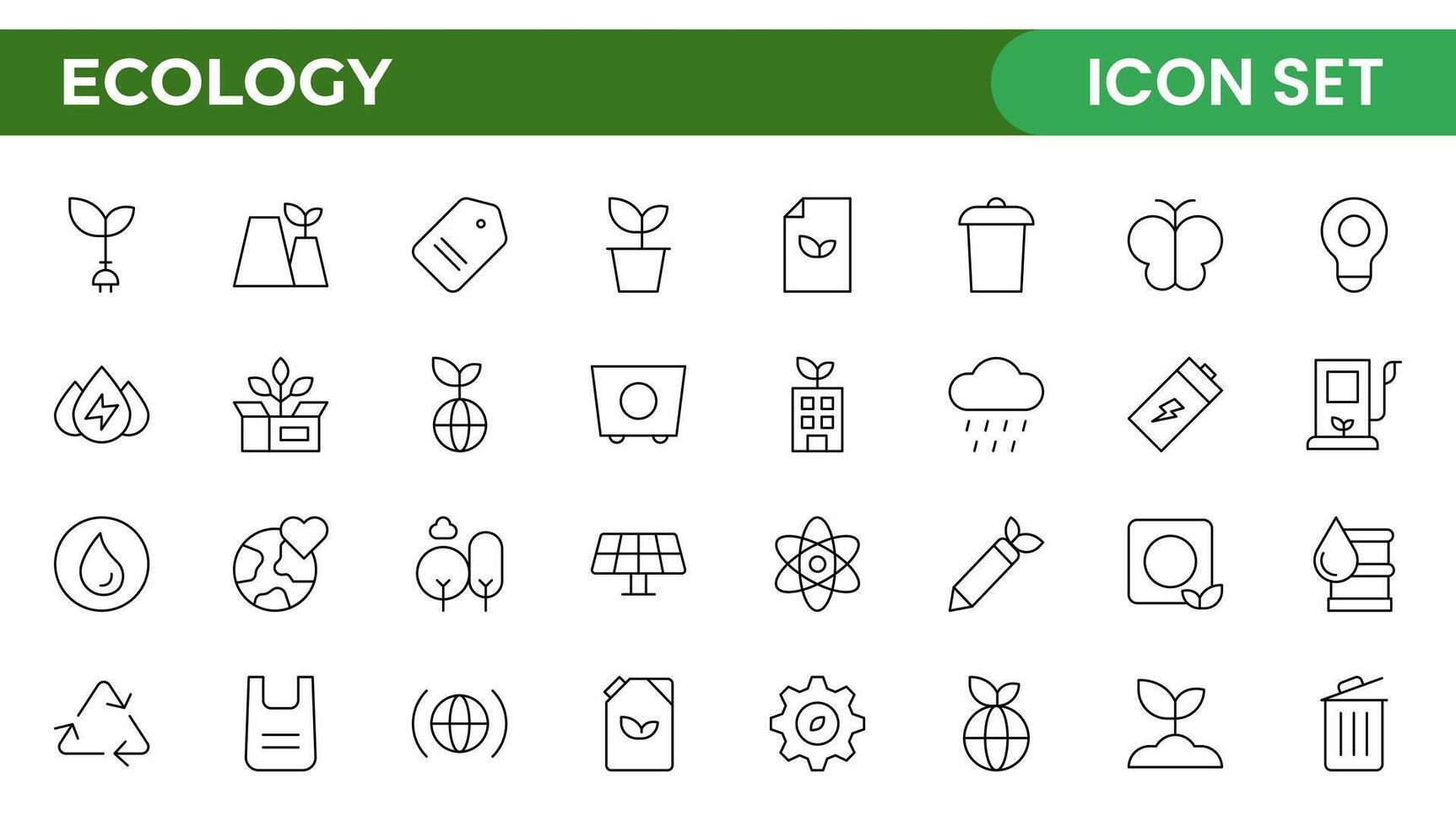 Ecology icon set. Environment, sustainability, nature, recycle, renewable energy, electric bike, eco-friendly, forest, wind power, green symbol. Solid icons collection. vector