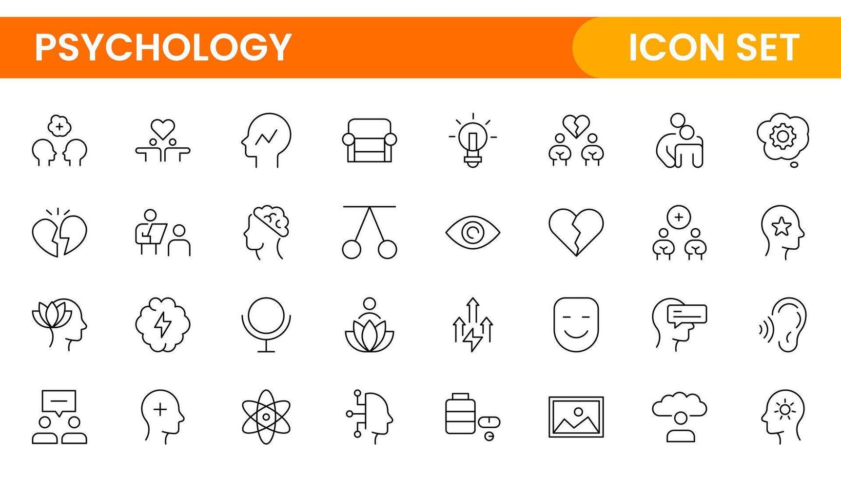 Psychology and mental line icons collection. Big UI icon set in a flat design. Thin outline icons pack. Set of positive thinking icon.be loved, healthy lifestyle, happiness, positive mindset. vector