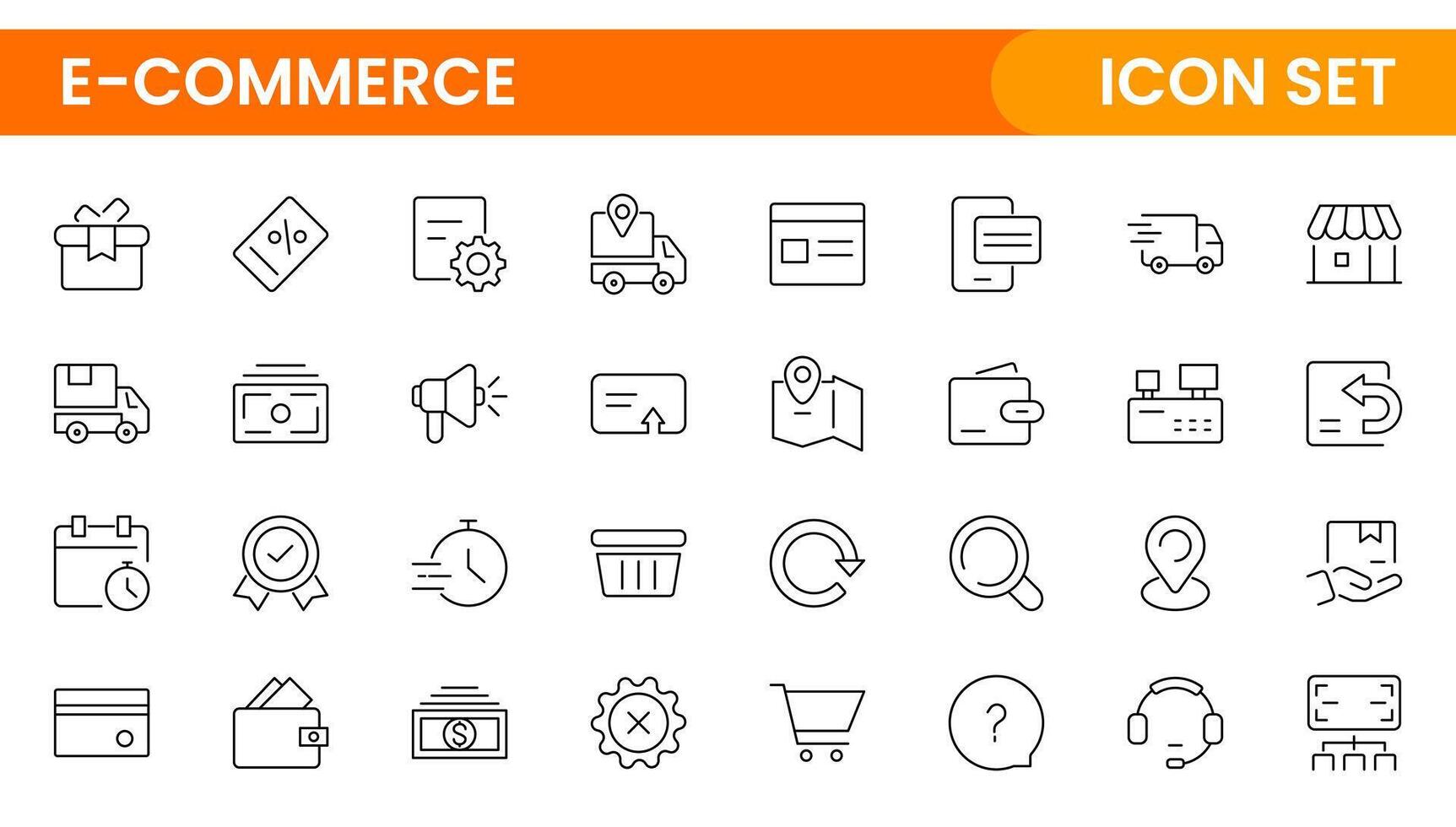 E-Commerce set of web icons in line style. Online shopping icons for web and mobile app. Business, mobile shop, digital marketing, bank card, gifts, sale, delivery. vector
