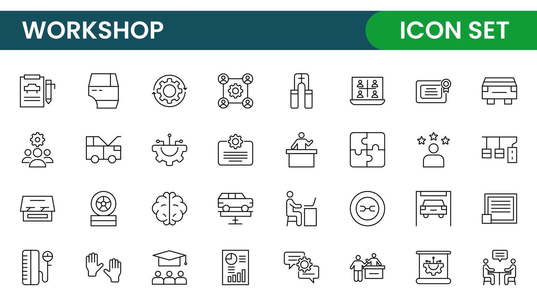 Set of Workshop and Coaching line icons. Outline icon collection related to training, coaching, mentoring, education, meetings, conferences, and teamwork. vector