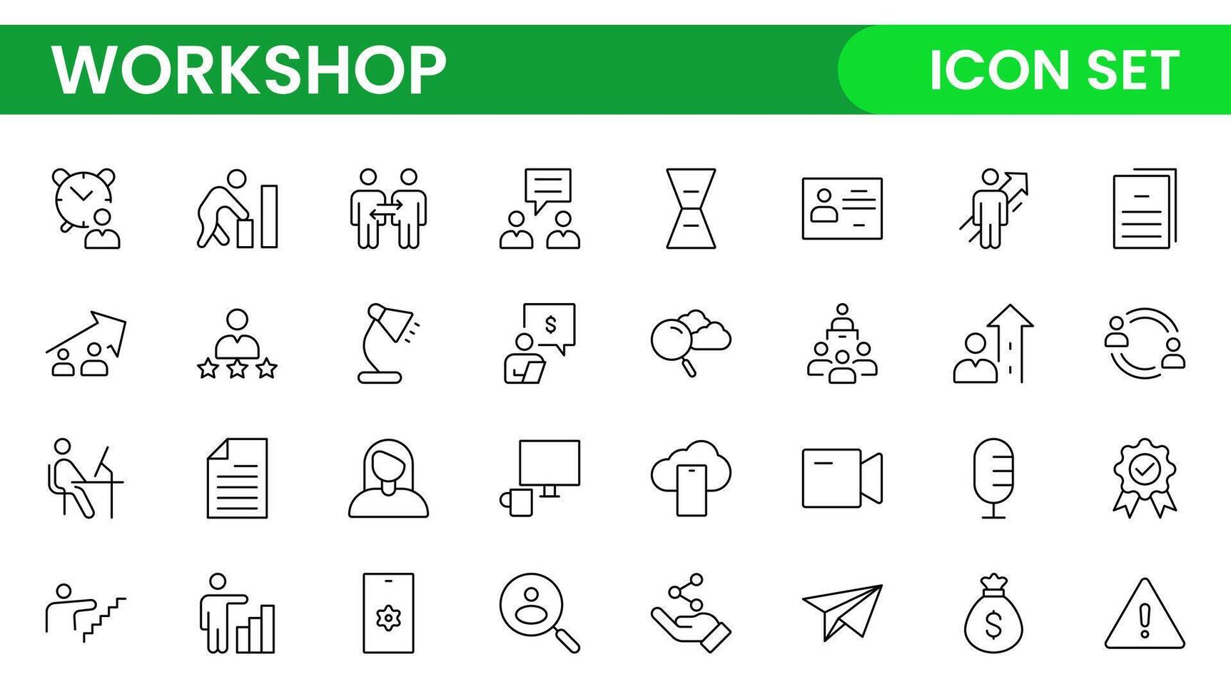 Set of Workshop and Coaching line icons. Outline icon collection related to training, coaching, mentoring, education, meetings, conferences, and teamwork. vector