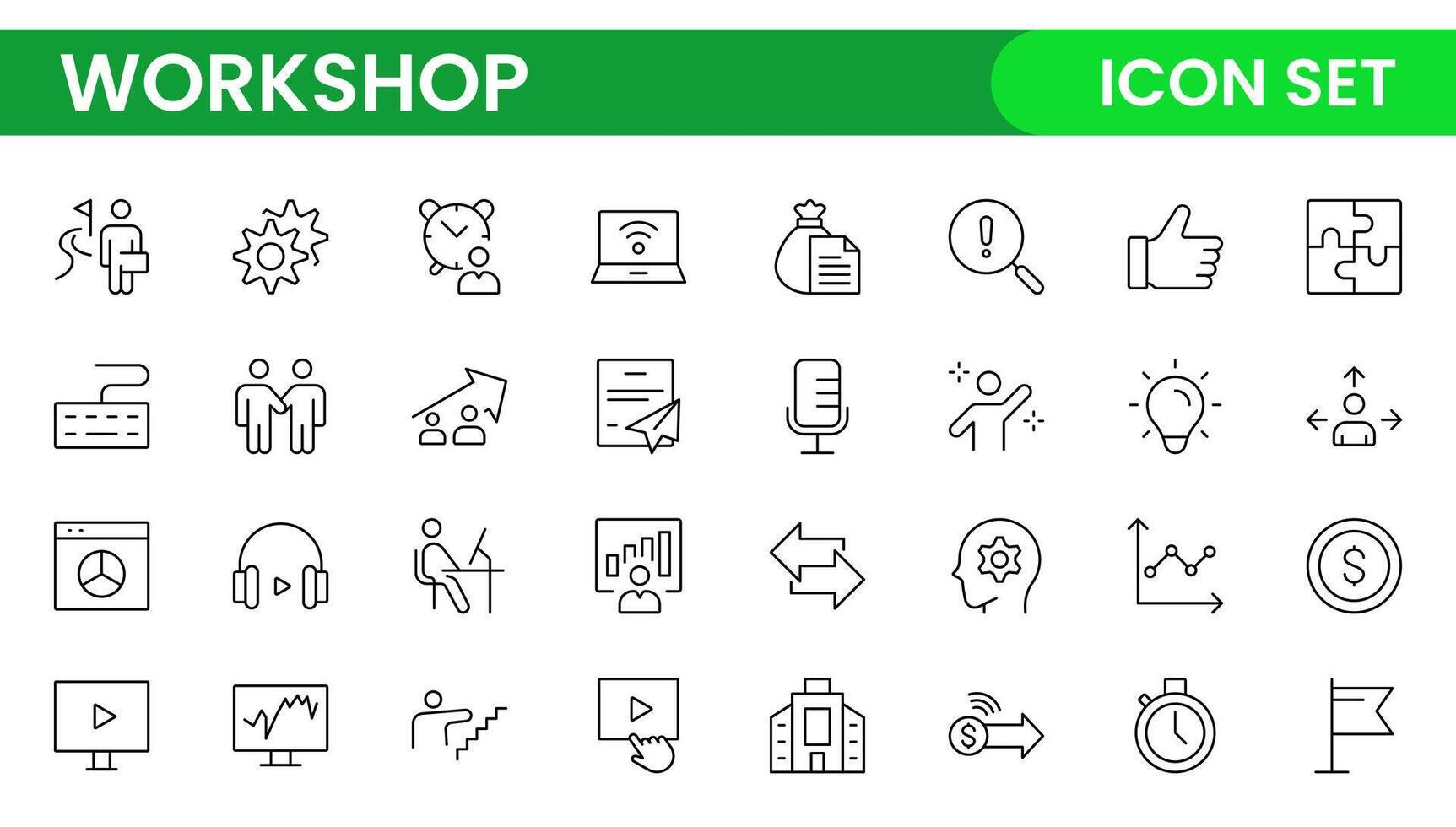 Set of Workshop and Coaching line icons. Outline icon collection related to training, coaching, mentoring, education, meetings, conferences, and teamwork. vector
