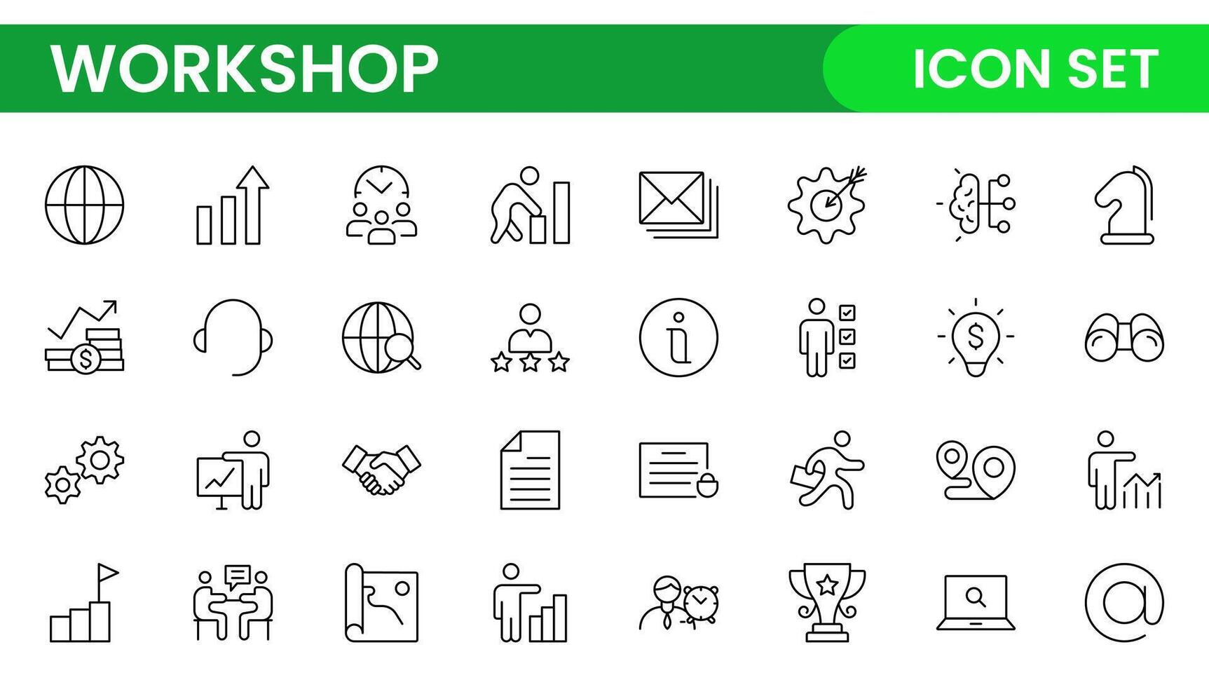 Set of Workshop and Coaching line icons. Outline icon collection related to training, coaching, mentoring, education, meetings, conferences, and teamwork. vector