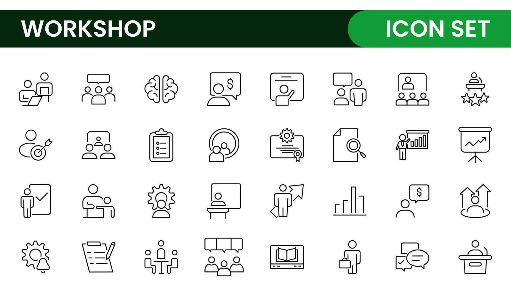 Set of Workshop and Coaching line icons. Outline icon collection related to training, coaching, mentoring, education, meetings, conferences, and teamwork. vector