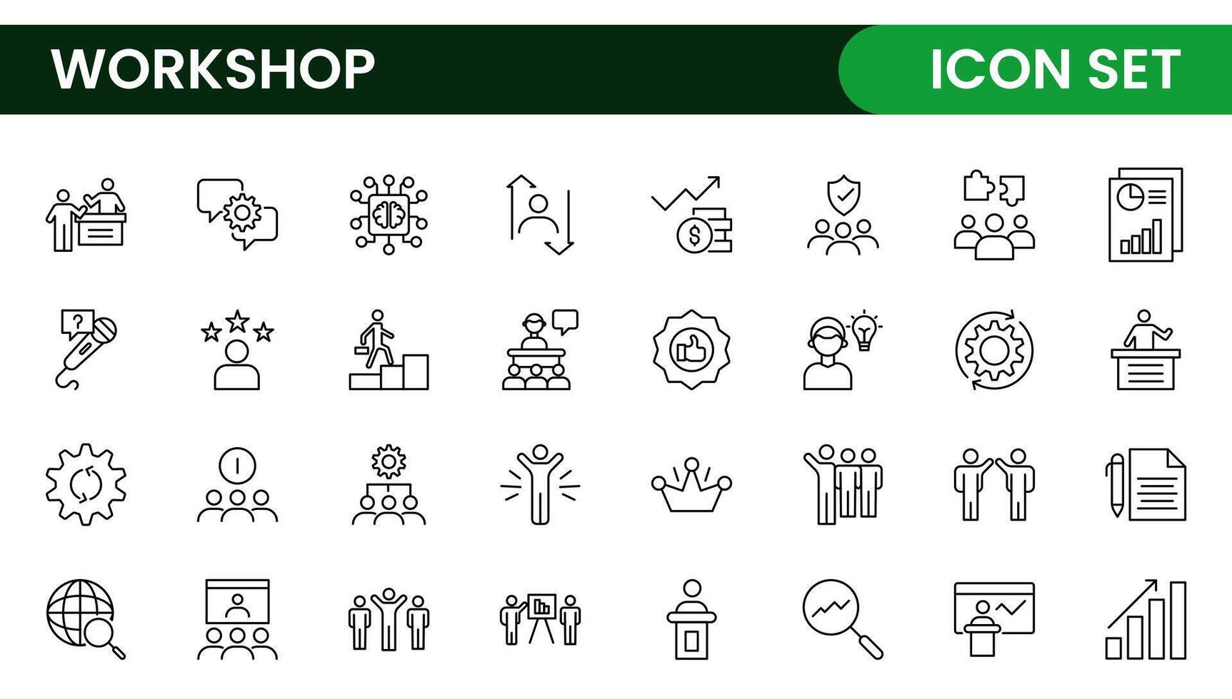 Set of Workshop and Coaching line icons. Outline icon collection related to training, coaching, mentoring, education, meetings, conferences, and teamwork. vector