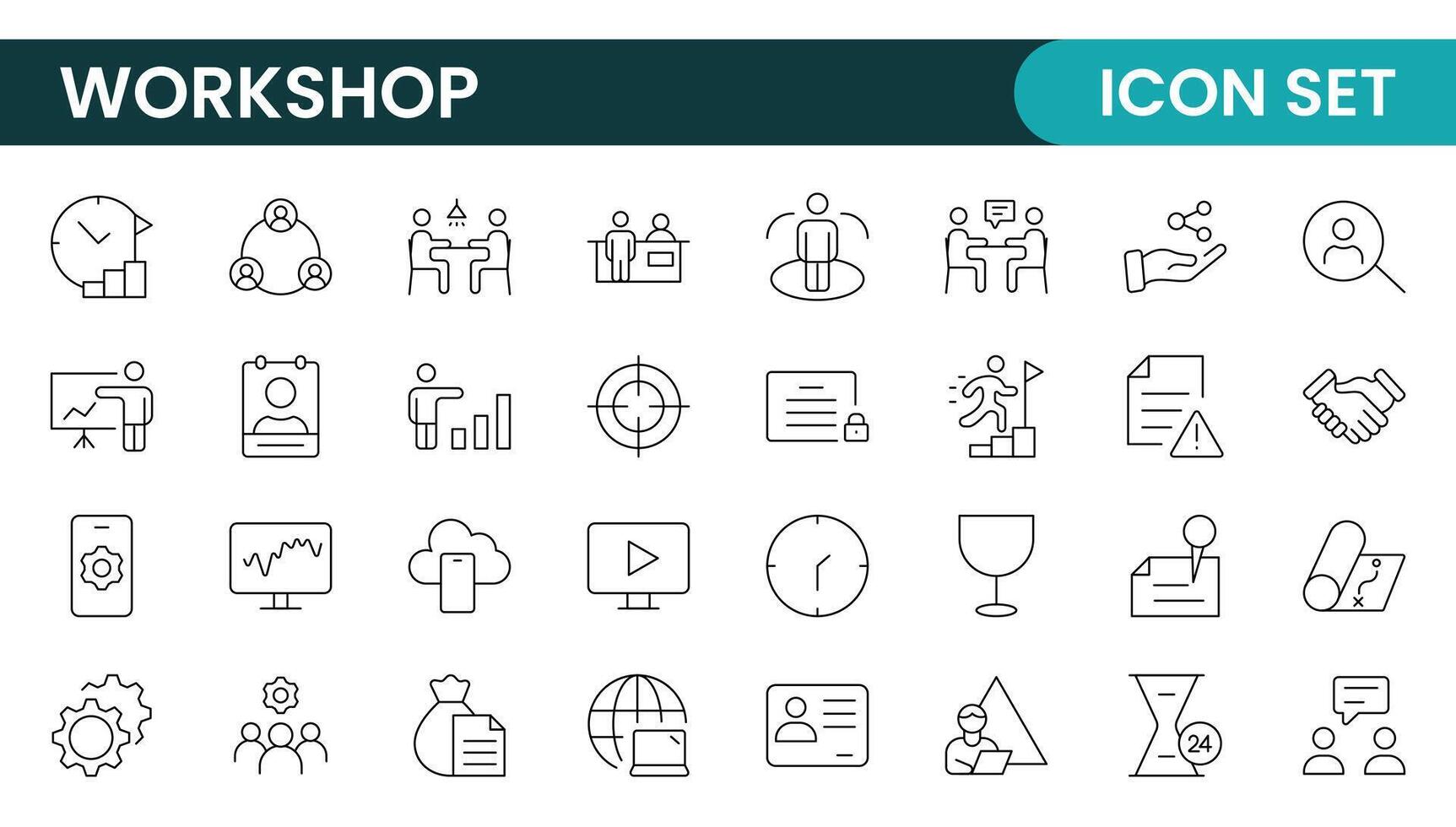 Set of Workshop and Coaching line icons. Outline icon collection related to training, coaching, mentoring, education, meetings, conferences, and teamwork. vector