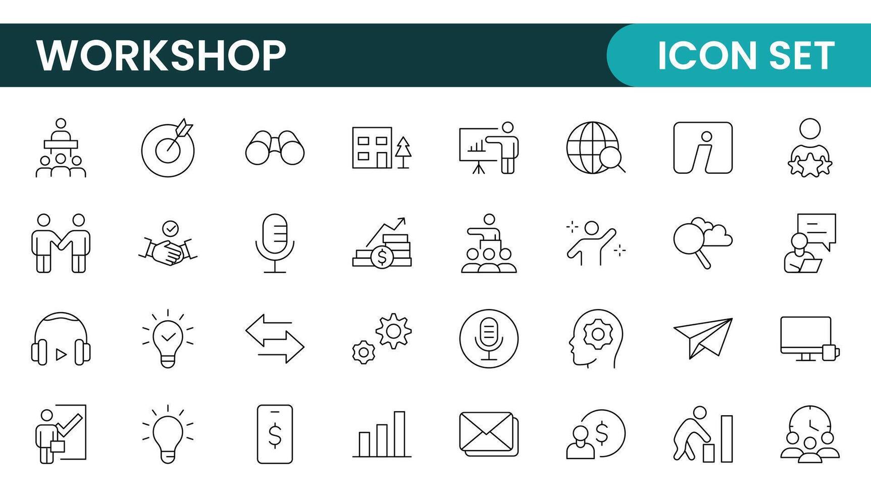 Set of Workshop and Coaching line icons. Outline icon collection related to training, coaching, mentoring, education, meetings, conferences, and teamwork. vector