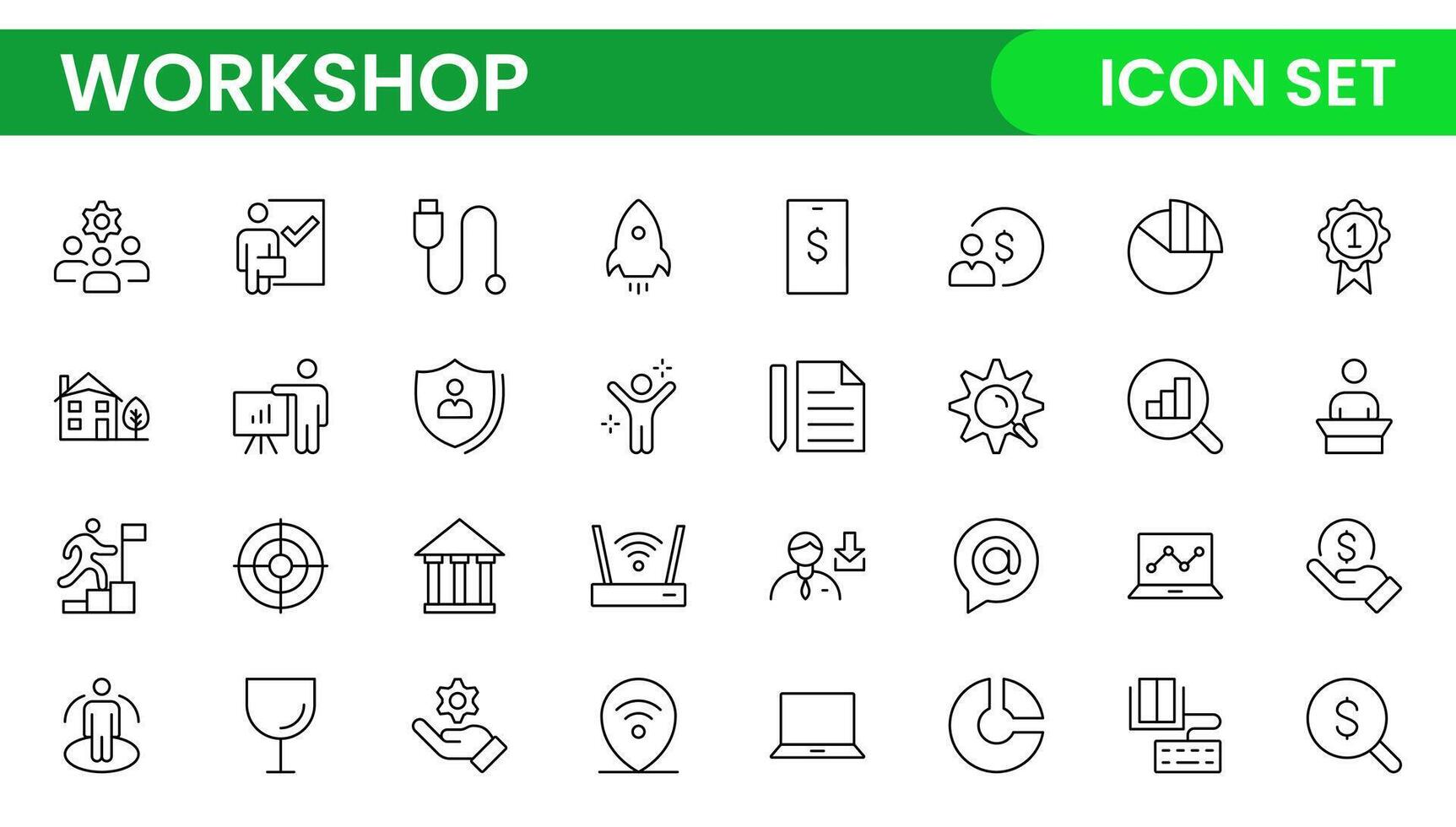 Set of Workshop and Coaching line icons. Outline icon collection related to training, coaching, mentoring, education, meetings, conferences, and teamwork. vector