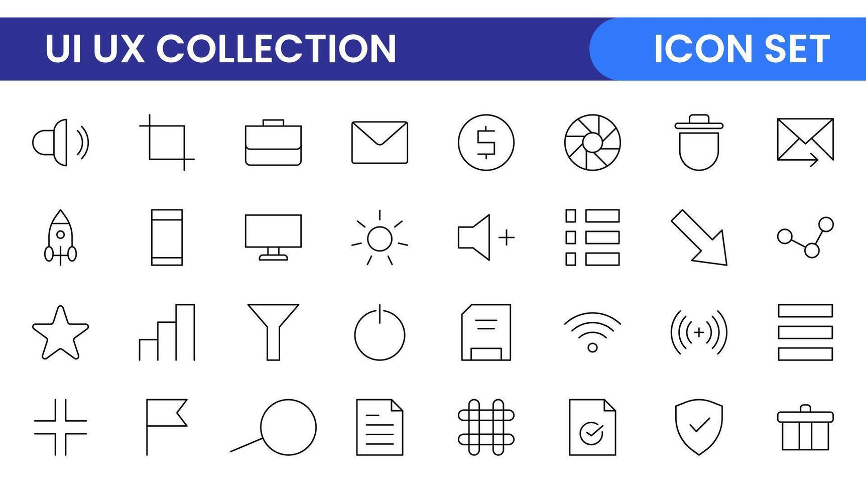 UI UX line icon set. linear UI UX icons for web design and application. UI and UX big bold line icons kit. UI and UX linear icon set for user interface designs. vector