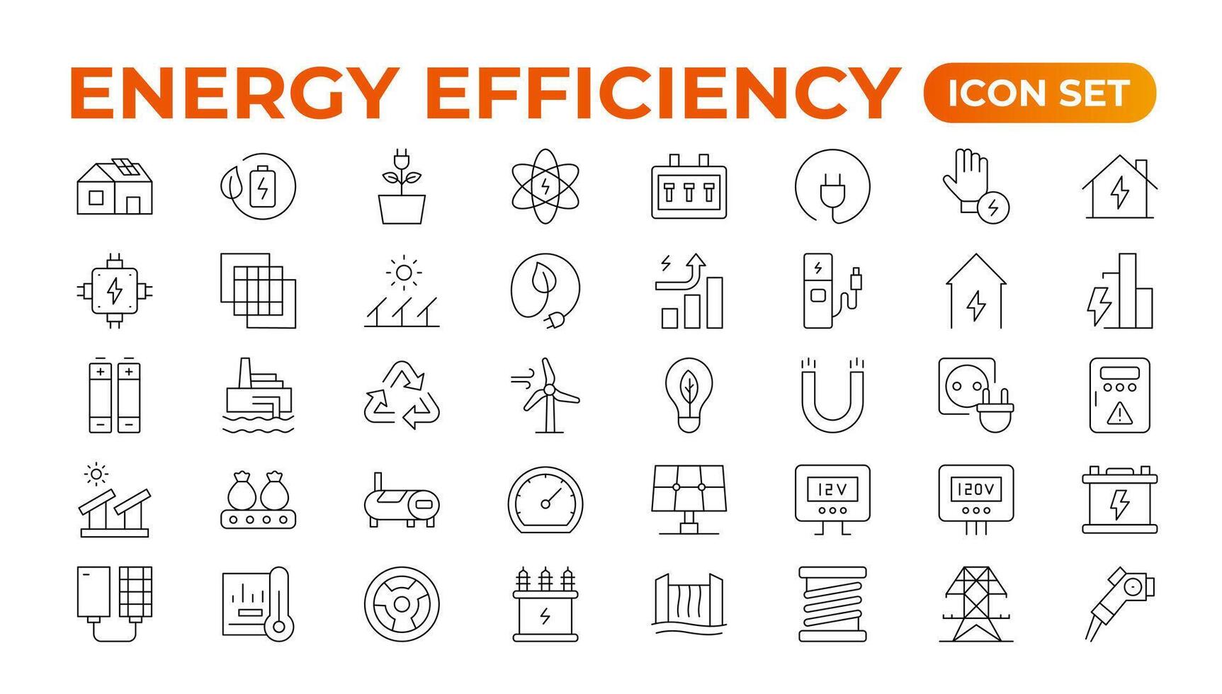 Energy efficiency icon set. Calculator, energy-saving light bulb, piggy bank, solar panel, circular economy, battery, home insulation, energy class illustration vector