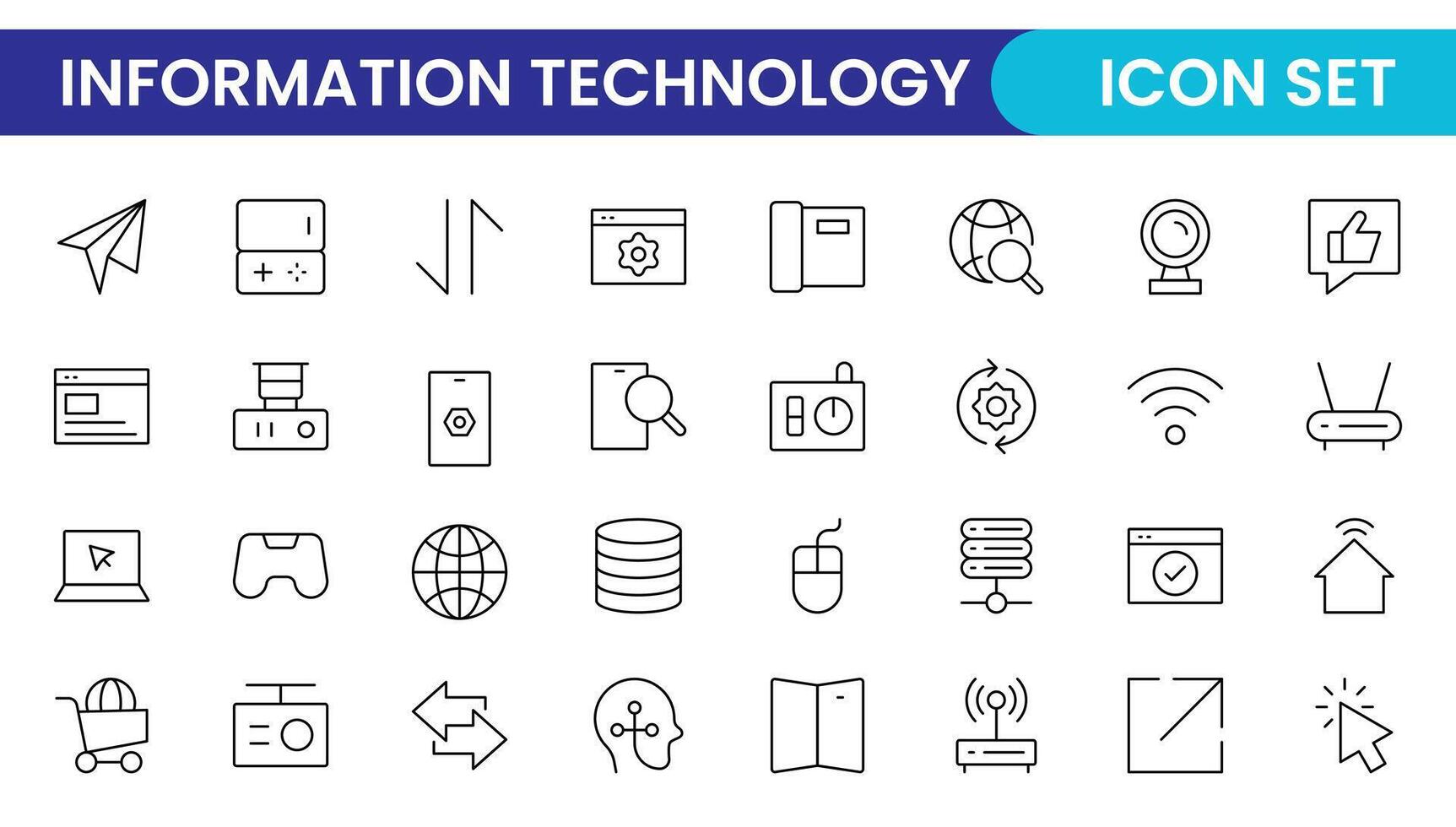 Icon Set of Information technology outline style. IT network, IT Technology, internet, website, data, software, communication, Cloud, Share, Technology, IOT, Business, Programming Thin Line Icons vector