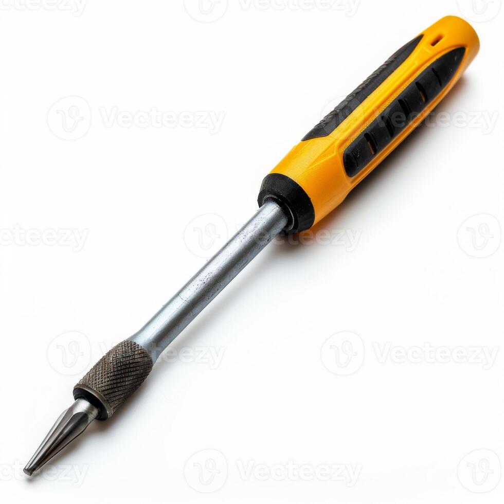 A yellow hand tool with a black grip designed for various mechanical and DIY tasks, isolated on white background. photo