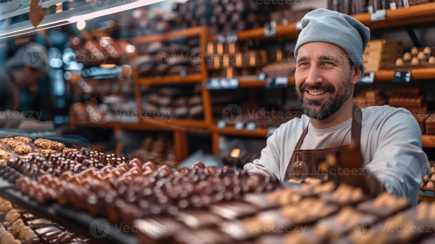 A happy chocolatier stands behind a counter filled with various chocolates in a cozy chocolate shop. photo