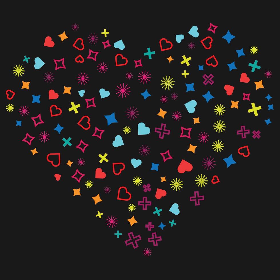 coloring heart, star and few shape with outline shape and a black background vector