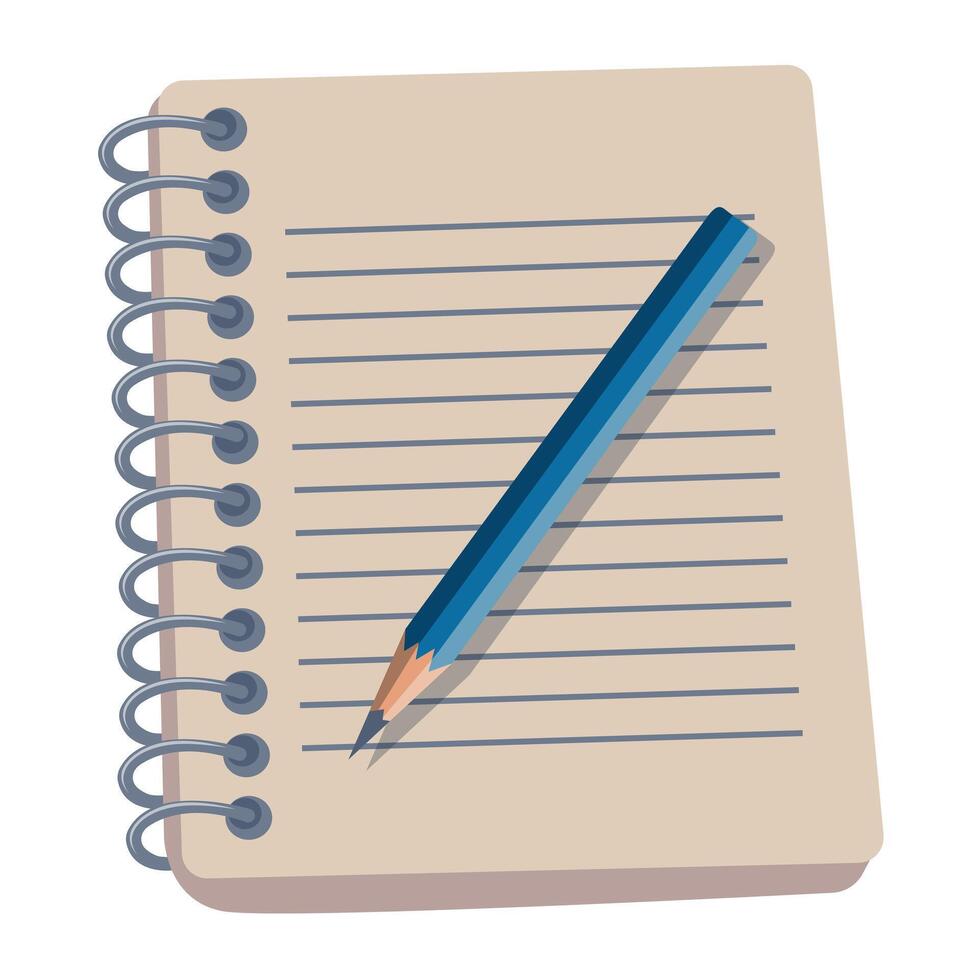 A pencil is on a spiral notebook with a blue line. The pencil is sharpened and ready to use vector