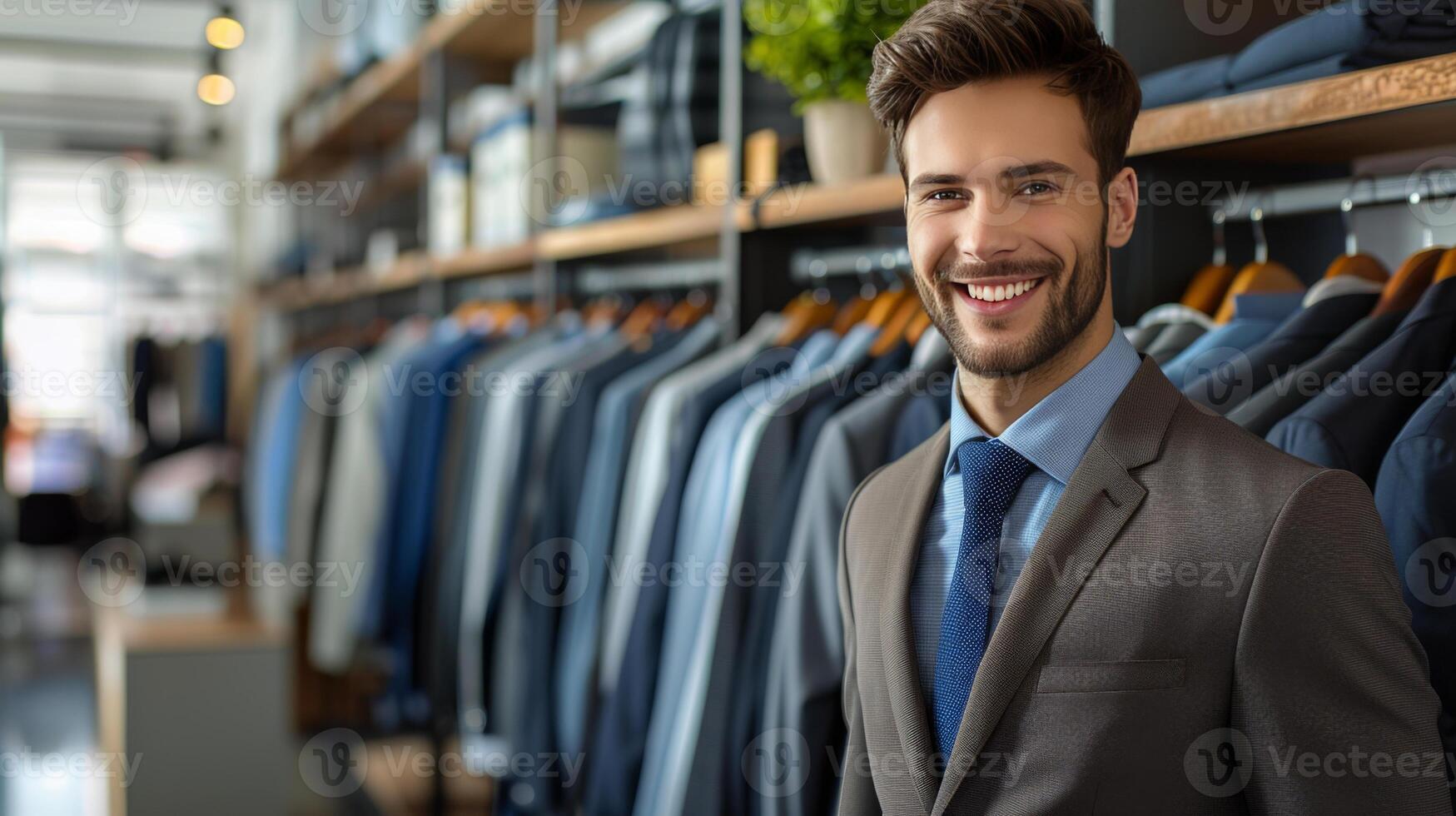 A young man in a suit smiling in a high-end fashion store, surrounded by neatly arranged clothes and racks. photo