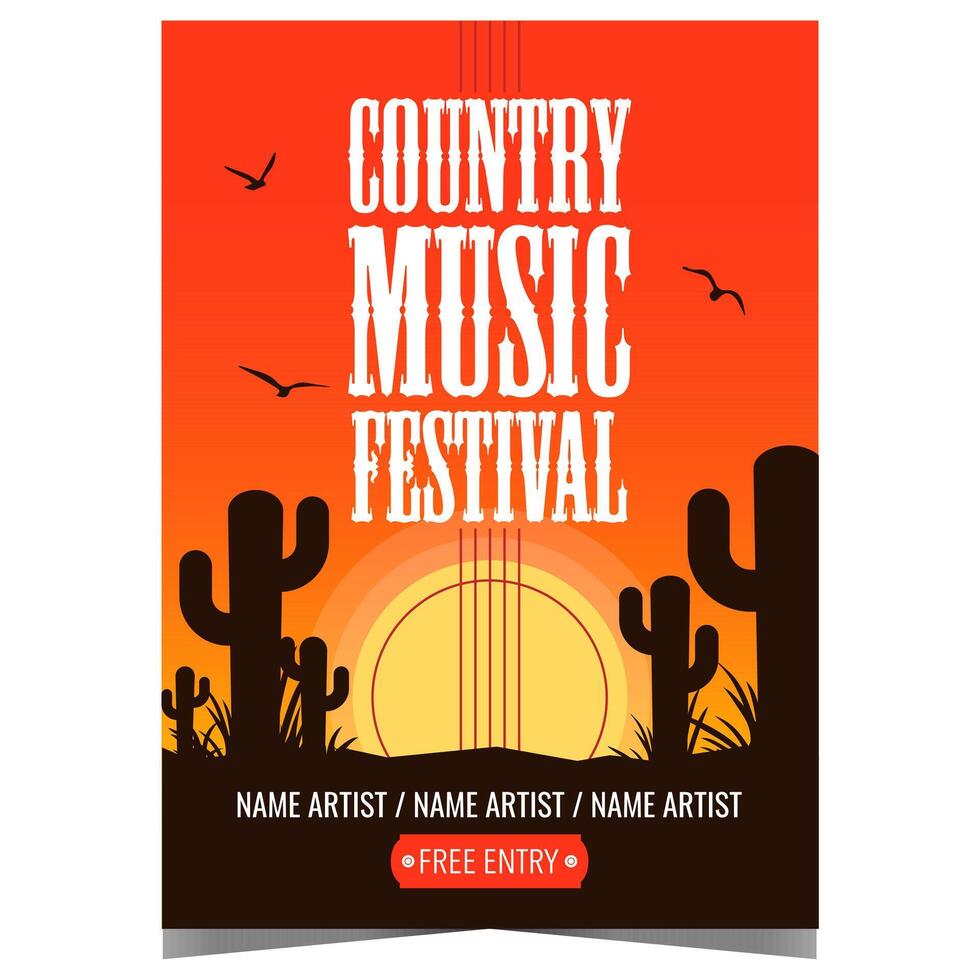 Country music festival invitation poster with cacti in the desert against a sunset background. Banner or flyer for western traditional concert or live event with ballads, dance tunes and folk lyrics. vector