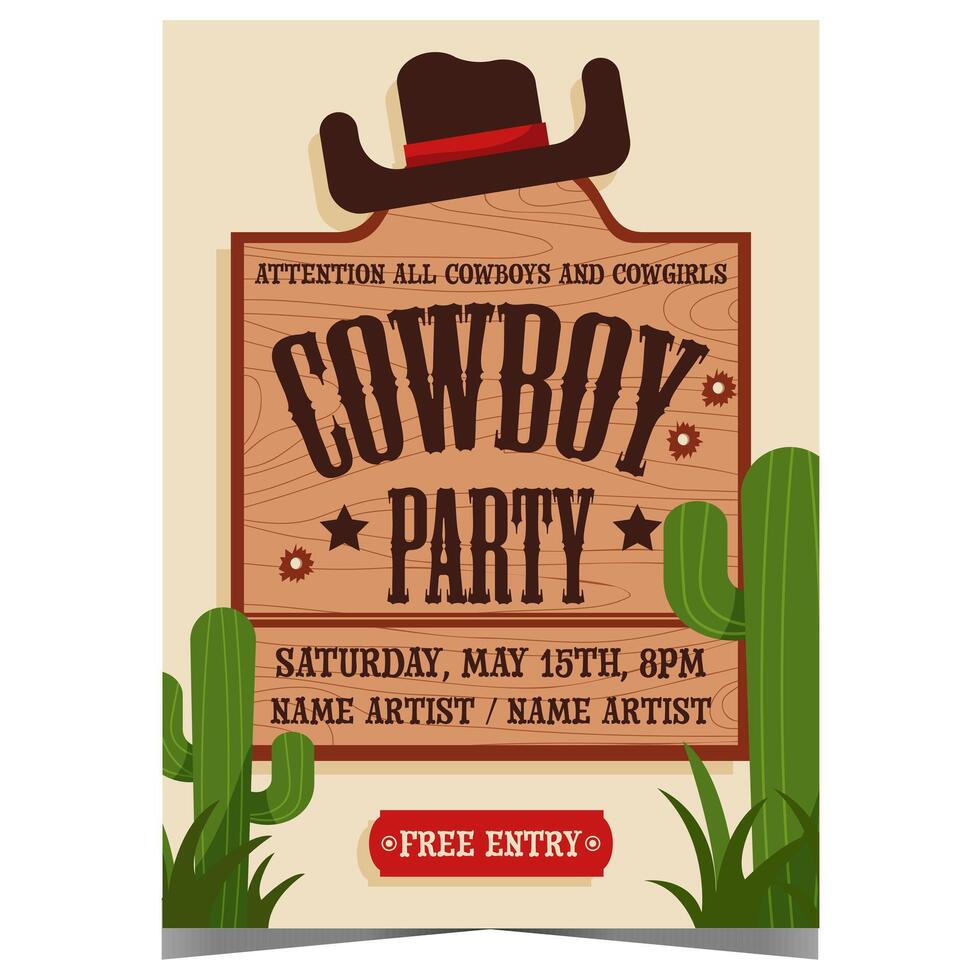 Cowboy party invitation poster or banner with Stetson hat on the bulletin board riddled with bullets. illustration for the western traditional entertainment event, culture show and festival. vector