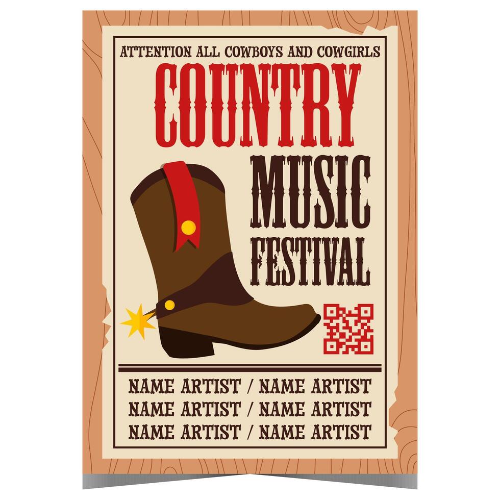 Country music festival banner or flyer with cowboy boot in the background. invitation for live show, traditional concert or western culture event with South American ballads and folk lyrics. vector