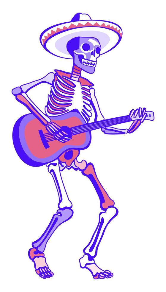Skeleton in sombrero playing guitar. Funny isolated illustration. Day of the Dead concept. Bright lilac and pink colors vector