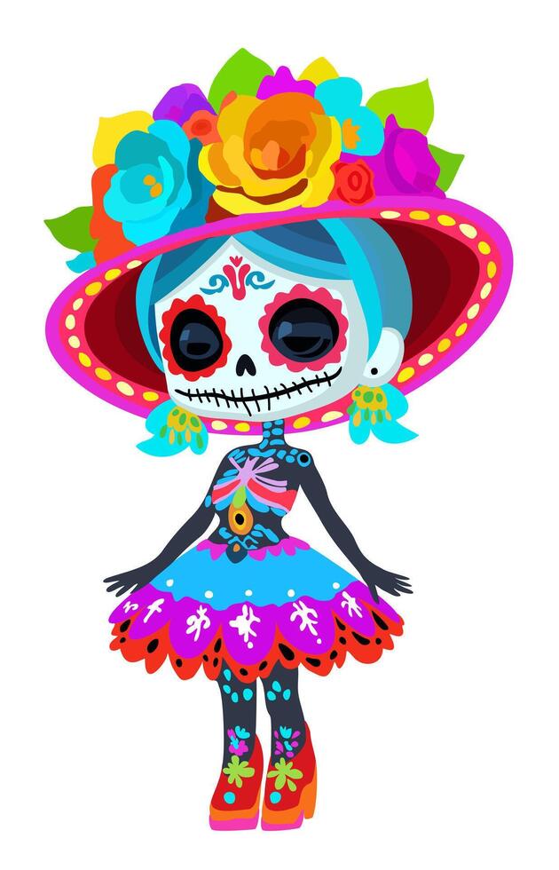 Catrina. Female symbol of Day of the Dead. Bright cute dead girl. isolated illustration vector