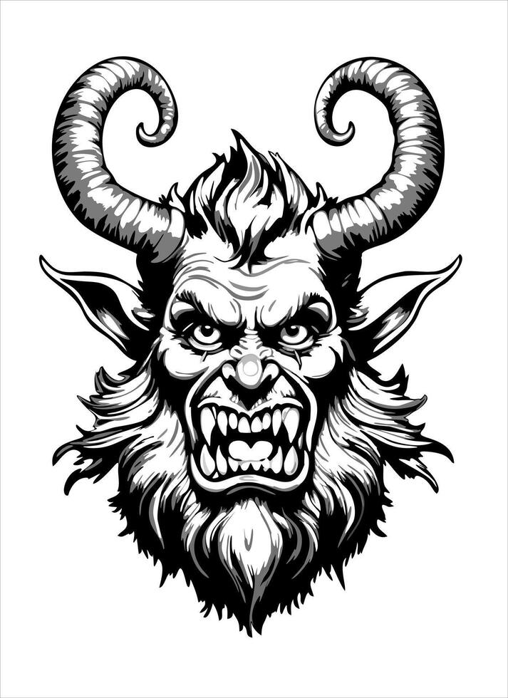 Krampus. Christmas character, antipode of Santa Claus. Folklore horned devil. black and white isolated illustration vector