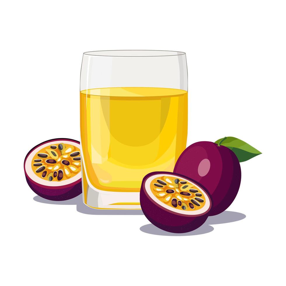 Full glass of yellow freshly and healthy squeezed passion fruit juice isolated on white background. illustration in flat style with tropical drink. Summer clipart for card, banner, flyer, design vector