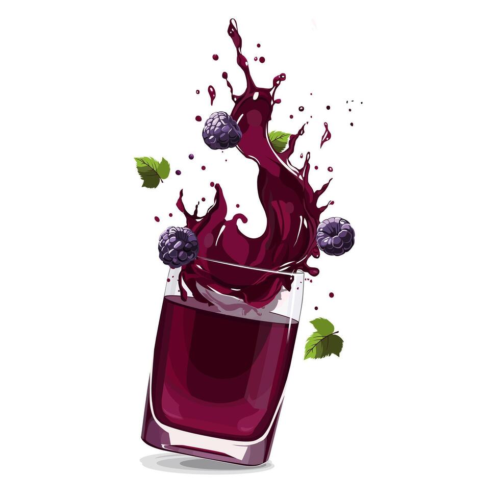 Splashes of vinous freshly and healthy blackberry juice with fruit slices and green leaves. clipart in flat style with drink isolated on white background for card, banner, flyer, design vector
