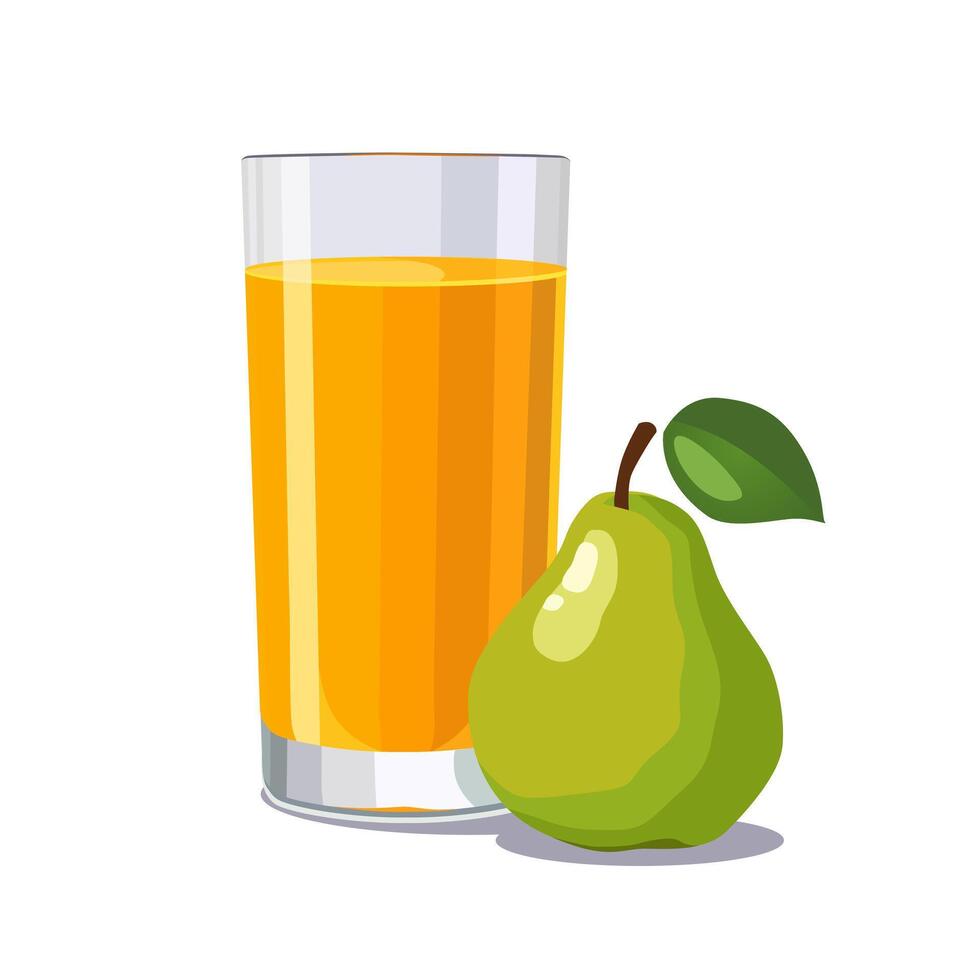 Full glass of yellow freshly and healthy squeezed pear juice isolated on white background. illustration in flat style with dietary drink. Summer clipart for card, banner, flyer, poster design vector