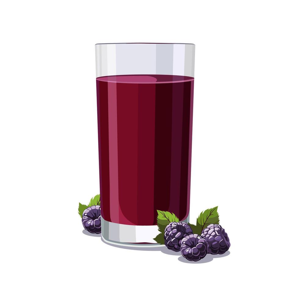 Full glass of pink freshly and healthy squeezed blackberry juice isolated on white background. illustration in flat style with berry drink. Summer clipart for card, banner, flyer, poster design vector