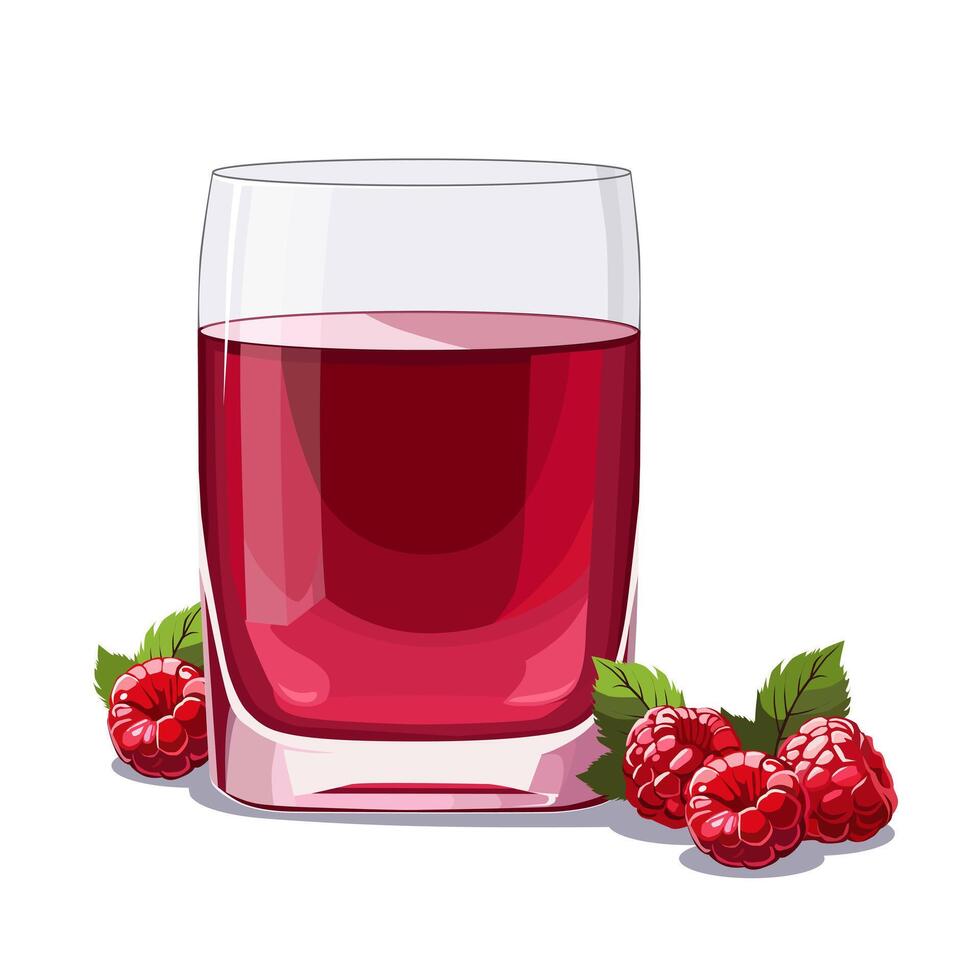 Full glass of red freshly and healthy squeezed raspberries juice isolated on white background. illustration in flat style with berry drink. Summer clipart for card, banner, flyer, poster design vector